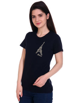 Футболка женская, с вышивкой, модель 157, трикотаж (Эйфелева башня, синий )