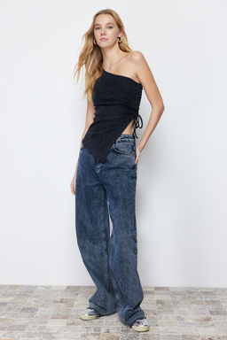 Siyah Eskitme/Soluk Efektli Vucuda Oturan Fitilli Pamuklu Esnek Orme Bluz TWOSS24BZ00298 - Trendyolmilla фото 3