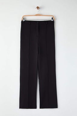 Siyah Kal?n Esnek Kumas Straight/Duz Kesim Yuksek Bel Nervur Dikisli Pantolon TWOAW26PL00027
