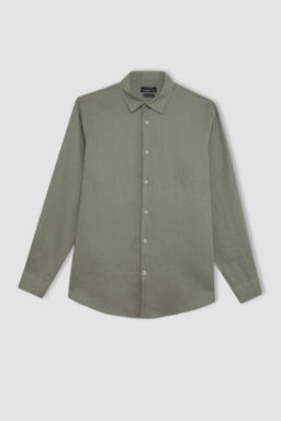 Regular Fit Polo Yaka Keten Basic Duz Uzun Kollu Gomlek