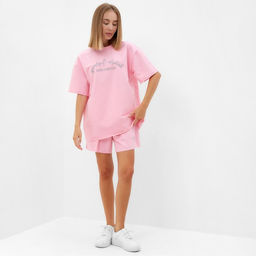 Костюм женский (футболка, шорты) MINAKU: SPORTY & STYLISH, светло-розовый, размер 46