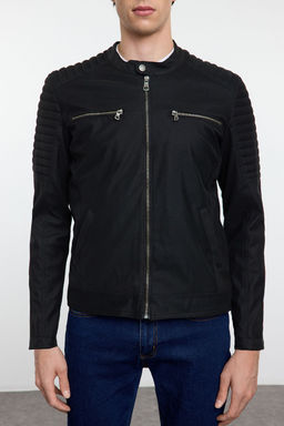 TRENDYOL MAN Siyah Slim Fit Fermuar Detayl? Deri K?sl?k Ruzgara ve Suya Dayan?kl? Biker Ceket Mont TMNAW25MO00046 - Trendyolmilla фото 5