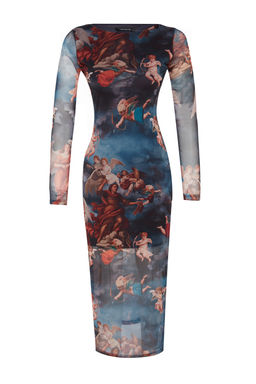 TRENDYOLMILLA Cok Renkli Bisiklet Yaka Bask?l? Astarl? Vucuda Oturan Tul Midi Orme Orme Elbise TWOAW24EL00605 фото 13