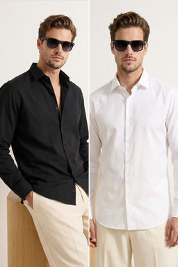 Siyah-Beyaz 2li Tak?m Slim Fit Oxford Kolay Utulenebilir Nefes Alan Erkek Gomlek TMNSS26GO00001 - Trendyolmilla фото 5