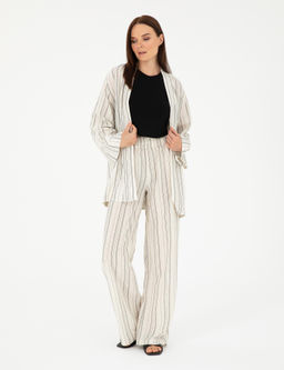 Ekru Dokulu Y_ksek Bel Loose Fit Pantolon