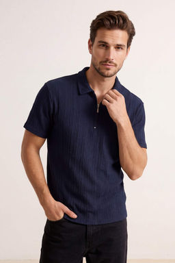 Lacivert Regular Fermuarl? Dokulu Orme Polo Yaka T-shirt TMNSS26PO00019