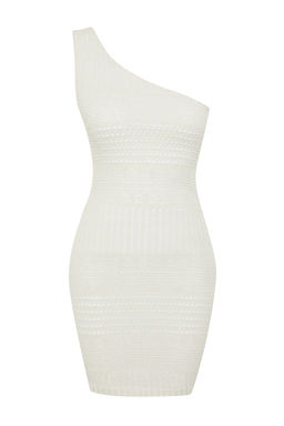 TRENDYOLMILLA Ekru Triko Gorunumlu Bodycone/Vucuda Oturan Tek Kol Mini Esnek Orme Kalem Elbise TWOSS24EL00572 фото 7