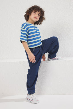 Koyu Lacivert Erkek Cocuk Balon Fit %100 Pamuk Lastikli Denim Jean Pantolon TKDSS25JE00002