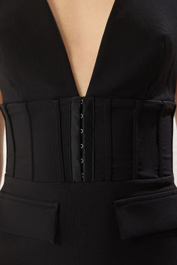 TRENDYOLMILLA Siyah V Yaka Biyeli Dokuma Uzun S?k Abiye & Mezuniyet Elbise TPRSS25AE00136  фото 5