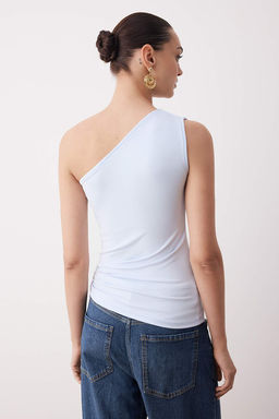 Ac?k Mavi Deniz Kabugu Aksesuar Detayl? Asimetrik Tek Kol Esnek Orme Bluz TWOSS25BZ00598