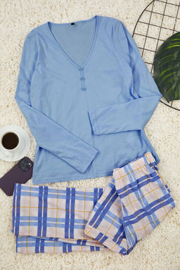 Mavi %100 Pamuklu Ekoseli Baglama ve Dugme Detayl? Orme Pijama Tak?m? THMAW25PT00004 - Trendyolmilla фото 6