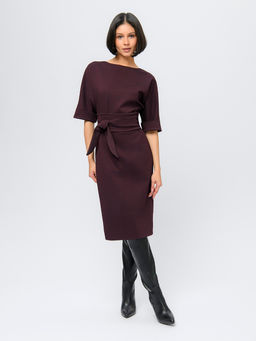 Платье бордового цвета длины миди с поясом и рукавами летучая мышь - 1001dress фото 2