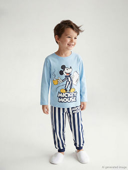 Bisiklet Yaka Uzun Kollu Mickey Mouse Bask?l? Erkek Bebek Pijama Tak?m?