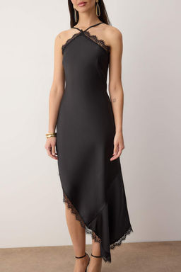 Siyah Duz Dantel Detayl? Dokuma Saten Midi Astars?z S?k/Gece Elbise - Trendyolmilla фото 3