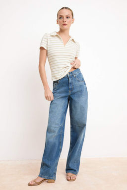 Ekru Cizgili Normal Kal?p Polo Yaka Fermuarl? Crop Yumusak Orme Bluz TWOSS26TS00025 - Trendyolmilla фото 3