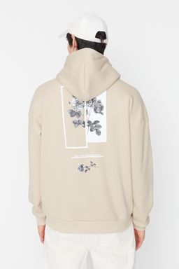Bej Oversize/Genis Kesim Kapusonlu Ici Polar/S?cak Tutan Cicek Bask?l? Sweatshirt TMNAW22SW1651