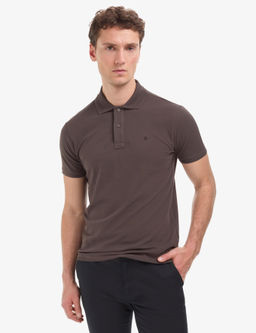 Koyu Kahverengi Slim Fit %100 Pamuk D__meli Polo Yaka Basic Ti__rt