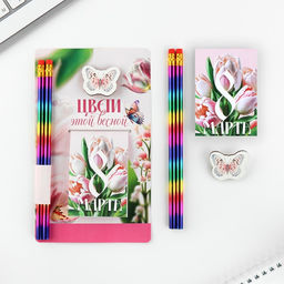 Цена за 2 шт. Подарочный набор: блокнот, карандаши (2 шт.) и значок 8 марта