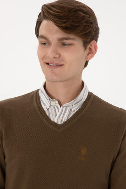 Erkek Slim Fit V Yaka Haki Basic Kazak