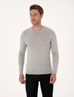A__k Gri Melanj Slim Fit Bisiklet Yaka Basic Triko Kazak