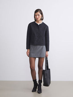 Bisiklet Yaka Kendinden Desenli Kad?n Ceket