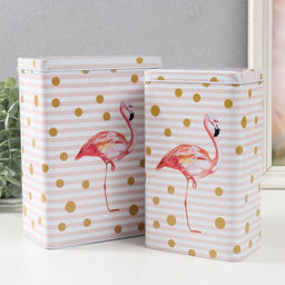 Набор шкатулок для хранения мелочей, украшений «Прямоугольная. Фламинго и золотой горох», 2 шт., металл