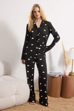 Siyah %100 Pamuklu Kalpli Orme Pijama Tak?m? THMAW21PT0548