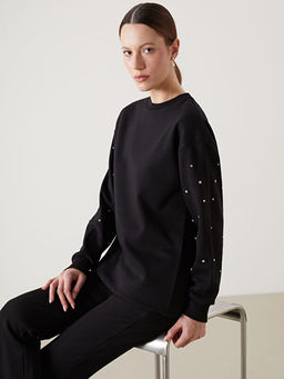 Bisiklet Yaka Parlak Ta?l? Kad?n Kal?n Sweatshirt Tunik