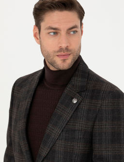 Kahverengi Slim Fit Y_n Ekose Ceket