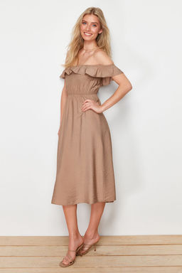 Vizon Duz Kesim Carmen Yaka Keten Gorunumlu Maxi Dokuma Elbise TWOSS24EL00691 - Trendyolmilla фото 3