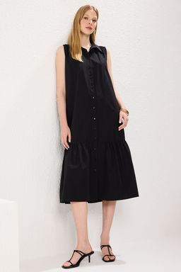 Siyah Duz Kesim Dugme Detayl? Midi Dokuma Gomlek Elbise TWOSS25EL00439