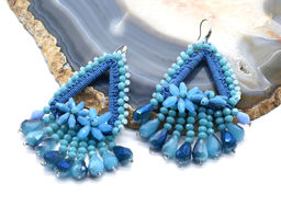 Серьги ручной работы с цирконами в оплетении цв.синий