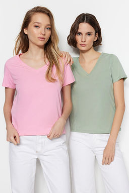 Pembe-Mint %100 Pamuk 2li Paket Basic V Yaka Orme T-Shirt TWOSS23TS00002