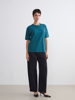 Bisiklet Yaka Bask?l? Oversize Kad?n Ti??rt