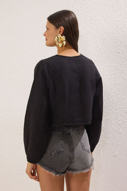 TRENDYOLMILLA Sar? Dokuma %100 Keten Baglamal? Balon Kollu Plaj Gomlek TBESS25GO00016 фото 22