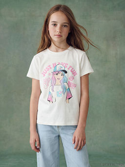 Bisiklet Yaka Bask?l? K?z ?ocuk Ti??rt