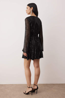 Siyah Etegi Godeli Payet K?sa / Mini Astarl? Party Elbise TPRAW26EL00122