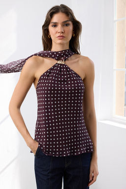 Bordo Puantiyeli Halter Yaka Gold Aksesuar Detayl? Dokuma S?k/Gece Bluz TPRAW26BZ00050 - Trendyolmilla фото 2