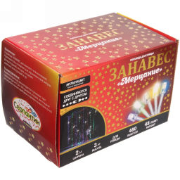 Гирлянда для улицы ЗАНАВЕС "Мерцание" ш2* в3,0 м 480 ламп LED, прозрач.пров,1 реж.,IP-54, Мультицвет, белый мерцает (возможность соединения)