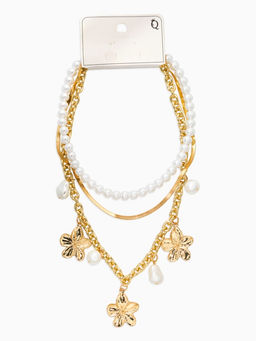 Колье многослойное с подвесками «Жемчуг с цветами», 3 уровня, 34, 36, 40 см, медь, белое в золоте