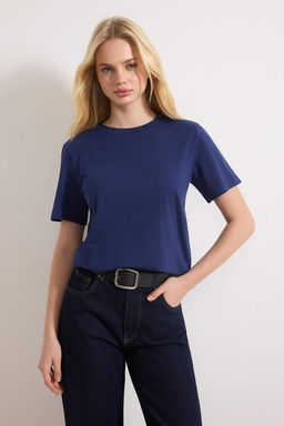 Lacivert-Gri Melanj-Ekru Cizgili 3lu Paket Basic Bisiklet Yaka Orme T-Shirt TWOSS20TS0146