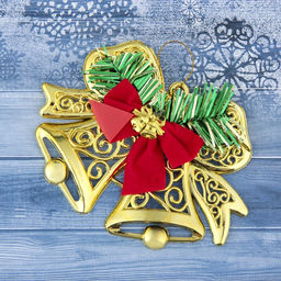 Цена за 5 шт. Ёлочная игрушка «Зимнее волшебство. Колокольчик двойной с бантиками» пластик, 12.3×9.5 см, золото