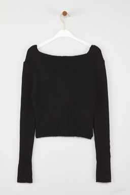 Siyah Crop Kare Yaka Triko Yumusak Dokulu Fitted/Vucudu Saran H?rka TWOAW25HI00178