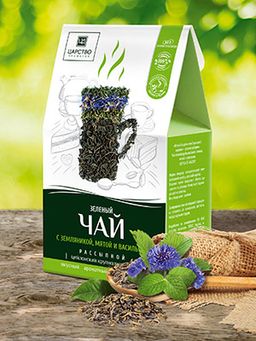 Чай с добавлением растительного сырья многокомпонентный на основе зеленого чая (земляника, мята, василек) 150 г