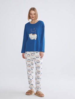 Bisiklet Yaka Kedi Bask?l? Kad?n Pijama Tak?m?