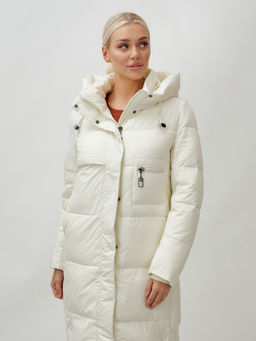 Пальто утепленное стеганное зимнее с капюшоном женское бежевого цвета 9611B - Mtforce фото 14