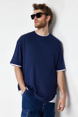 Lacivert Oversize/Genis Kesim Beyaz Panelli K?sa Kol %100 T-Shirt TMNSS22TS0225