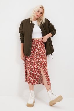 Kiremit Y?rtmac Detayl? Cicek Desenli Viskon Kumasl? Midi Boy Dokuma Etek TWOSS20ET0230