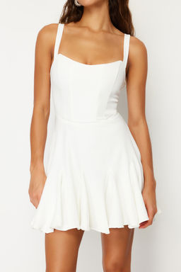 TRENDYOLMILLA Bridal Ekru A-Kesim Astarl? Korse Detayl? Biyeli Dokuma K?sa Abiye Gece Elbise TPRSS23EL00251  фото 4
