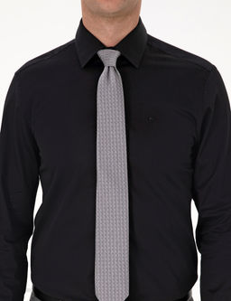 Siyah %100 Pamuk Parlak Saten Slim Fit Uzun Kollu Basic G_mlek